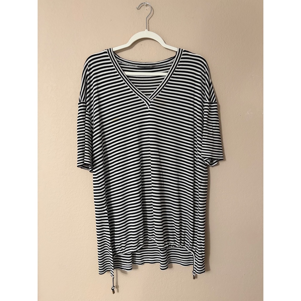 Max Mara Black White Striped VNeck Top Short Sleeve Drawstring Hem Made in Italy
